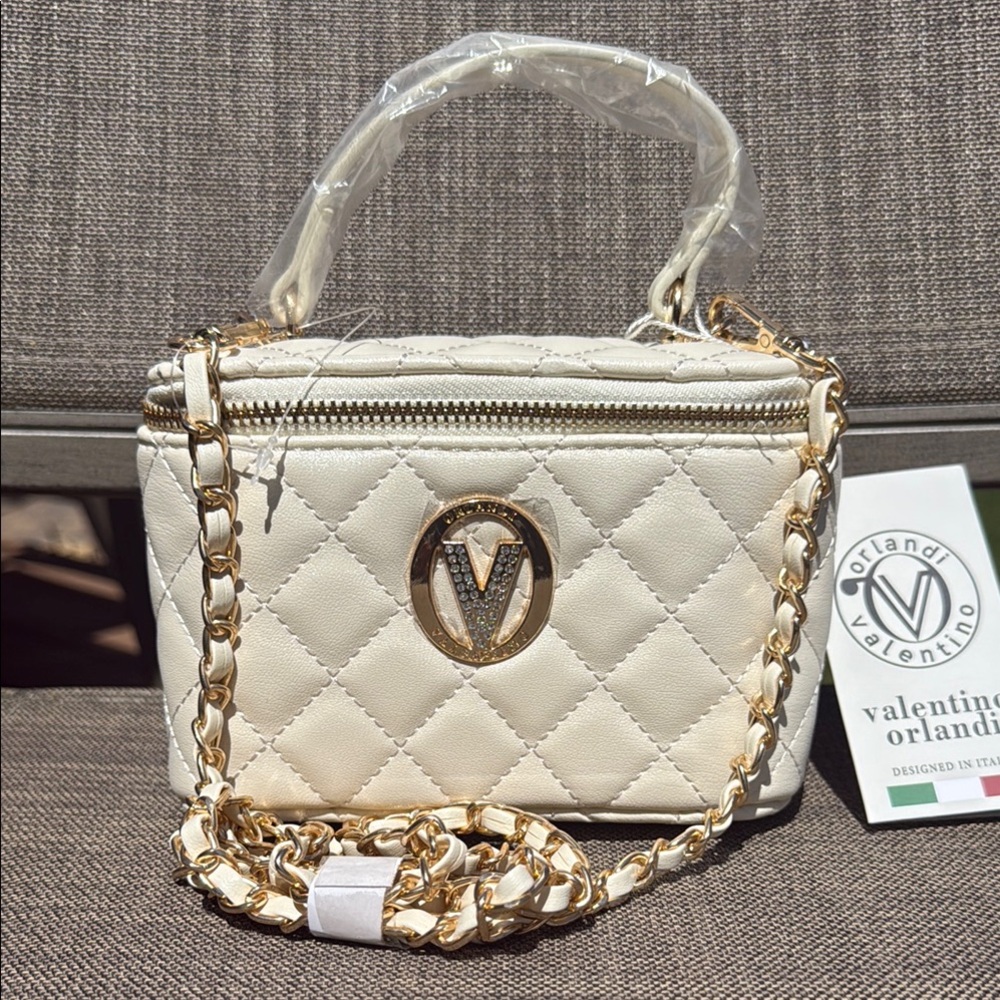 NWT! Valentino Orlandi Cream Quilted Women's Mini Crossbody Bag 6.5" x 4.5" x 3"